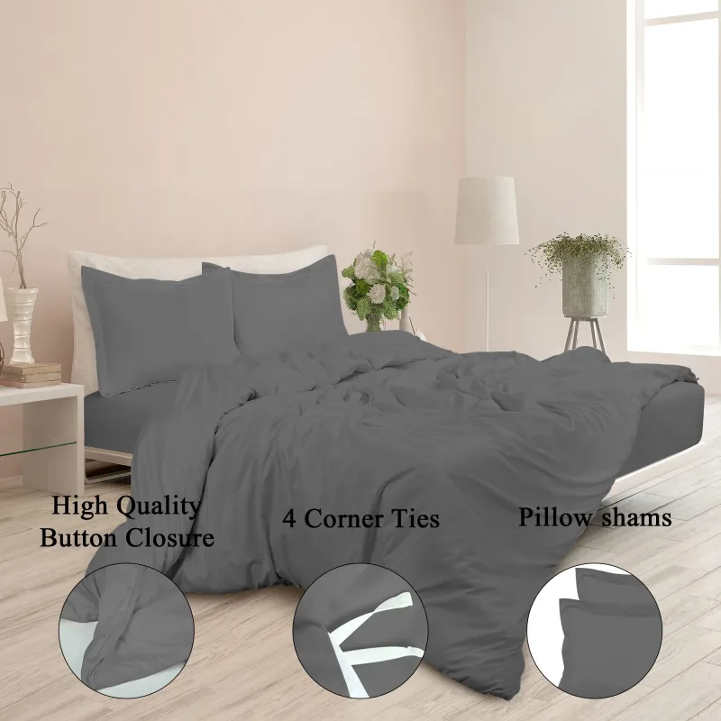 ROYALE Grey Duvet Cover - Washed Duvet Cover Set, 3 Piece Double Brushed Duvet Covers with Button Closure - 1 Duvet Cover  and 2 Pillow Shams - Comforter Cover