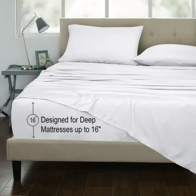 ROYALE LINENS 300 Thread Count 100% Long Staple Combed Cotton Sheet Set - 4 Piece Bed Sheet 1 Fitted Sheet, 1 Flat Sheet, 2 Pillow case - Breathable, Cool & Crisp Percale Sheet Set (White)