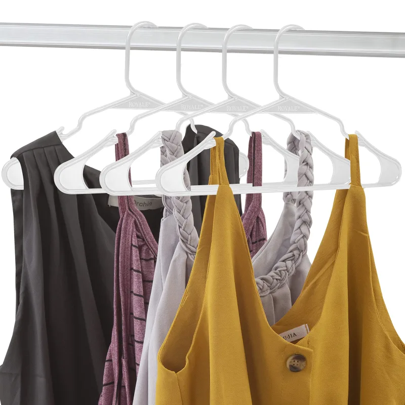 ROYALE White Plastic Hangers For Clothes - Heavy Duty Plastic Clothes Hanger Ideal For Everyday Standard Use - Lightweight & Space Saving Notched Plastic Hangers - Slim & Sleek Shoulder Groove