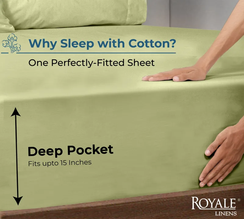 Royale Linens 100% Organic Cotton Percale Weave Super Soft Deep Pocket Bottom Sheets Elastic Sheet Fitted Sheets Only