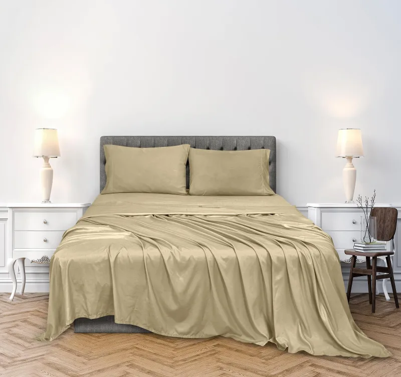 ROYALE LINENS 300 Thread Count 100% Long Staple Combed Cotton Sheet Set - 4 Piece Bed Sheet 1 Fitted Sheet, 1 Flat Sheet, 2 Pillow case - Breathable, Cool & Crisp Percale Sheet Set (Beige)