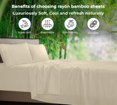 Royale Linens Bamboo Viscose Sheet Set - Cooling Bed Sheet Set - 1 Fitted, 1 Flat & 2 Pillowcase - Fits Up to 16" - Organic Viscose Derived from Bamboo - Bedding Sheet & Pillowcase (Sand)
