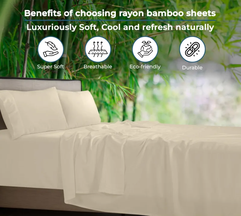 Royale Linens Bamboo Viscose Sheet Set - Cooling Bed Sheet Set - 1 Fitted, 1 Flat & 2 Pillowcase - Fits Up to 16" - Organic Viscose Derived from Bamboo - Bedding Sheet & Pillowcase (Sand)