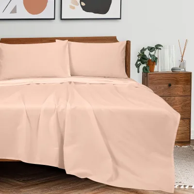 ROYALE LINENS 300 Thread Count 100% Long Staple Combed Cotton Sheet Set - 4 Piece Bed Sheet 1 Fitted Sheet, 1 Flat Sheet, 2 Pillow Case - Breathable, Cool & Crisp Percale Sheet Set ( Pink)