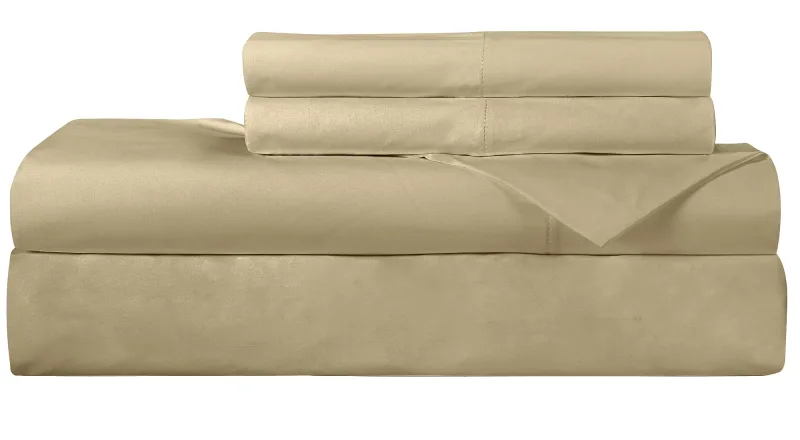 ROYALE LINENS 300 Thread Count 100% Long Staple Combed Cotton Sheet Set - 4 Piece Bed Sheet 1 Fitted Sheet, 1 Flat Sheet, 2 Pillow case - Breathable, Cool & Crisp Percale Sheet Set (Beige)