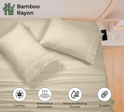 Royale Linens Bamboo Viscose Sheet Set - Cooling Bed Sheet Set - 1 Fitted, 1 Flat & 2 Pillowcase - Fits Up to 16" - Organic Viscose Derived from Bamboo - Bedding Sheet & Pillowcase (Sand)
