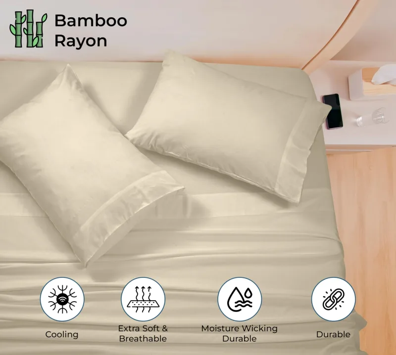 Royale Linens Bamboo Viscose Sheet Set - Cooling Bed Sheet Set - 1 Fitted, 1 Flat & 2 Pillowcase - Fits Up to 16" - Organic Viscose Derived from Bamboo - Bedding Sheet & Pillowcase (Sand)