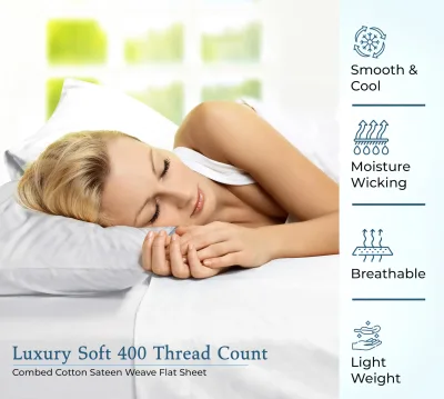 400 Thread Count 100% American Grown Cotton Flat Sheet - Cooling Sheets - Sheets - Luxury Sateen Weave - Flat Sheet Sold Separately - Soft White Flat Sheet Only ( Signature White)