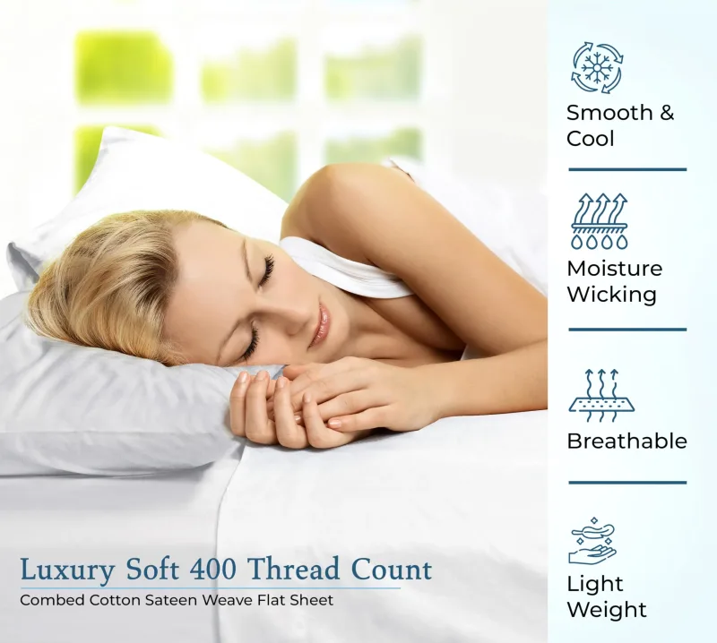 400 Thread Count 100% American Grown Cotton Flat Sheet - Cooling Sheets - Sheets - Luxury Sateen Weave - Flat Sheet Sold Separately - Soft White Flat Sheet Only ( Signature White)