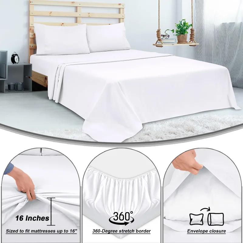 ROYALE LINENS 300 Thread Count 100% Long Staple Combed Cotton Sheet Set - 4 Piece Bed Sheet 1 Fitted Sheet, 1 Flat Sheet, 2 Pillow case - Breathable, Cool & Crisp Percale Sheet Set (White)