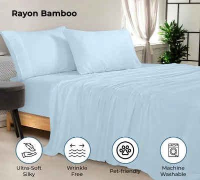 Royale Linen Bamboo Viscose Sheet Set - Cooling Bed Sheet Set - 1 Fitted 1 Flat & 2 Pillowcase - Fits Up to 16" - Organic Viscose Derived from Bamboo - Bedding Sheet &Pillowcase (LakeBlue)