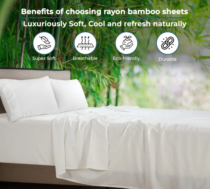 Royale Linen Bamboo Viscose Sheet Set - Cooling Bed Sheet Set - 1 Fitted, 1 Flat & 2 Pillowcase - Fits Up to 16" - Organic Viscose Derived from Bamboo - Bedding Sheet & Pillowcase (White)