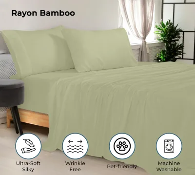 Royale Linen Bamboo Viscose Sheet Set - Cooling Bed Sheet Set - 1 Fitted 1 Flat & 2 Pillowcase - Fits Up to 16 - Organic Viscose Derived from Bamboo - Bedding Sheet &Pillowcase (SageGreen)