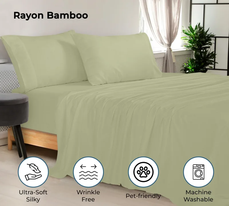 Royale Linen Bamboo Viscose Sheet Set - Cooling Bed Sheet Set - 1 Fitted 1 Flat & 2 Pillowcase - Fits Up to 16 - Organic Viscose Derived from Bamboo - Bedding Sheet &Pillowcase (SageGreen)