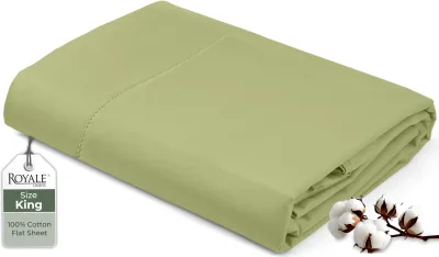 Royale Linens 200 Thread Count 100% Long Staple Combed Cotton Flat Sheet - Super Soft - Top Sheet - Queen Sold Separately - Breathable, Cool & Crisp Percale Flat Sheet Only (Queen, Sage Green)