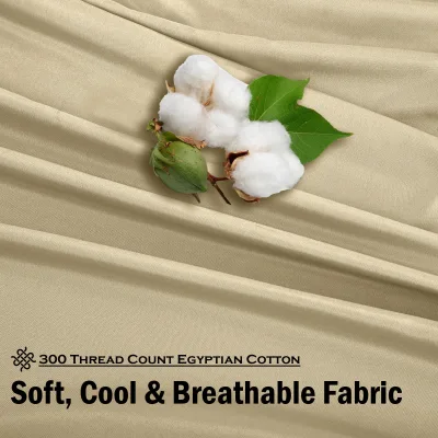 ROYALE LINENS 300 Thread Count 100% Long Staple Combed Cotton Sheet Set - 4 Piece Bed Sheet 1 Fitted Sheet, 1 Flat Sheet, 2 Pillow case - Breathable, Cool & Crisp Percale Sheet Set (Beige)
