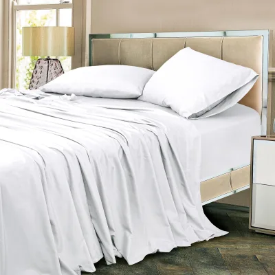 ROYALE LINENS 300 Thread Count 100% Long Staple Combed Cotton Sheet Set - 4 Piece Bed Sheet 1 Fitted Sheet, 1 Flat Sheet, 2 Pillow case - Breathable, Cool & Crisp Percale Sheet Set (White)