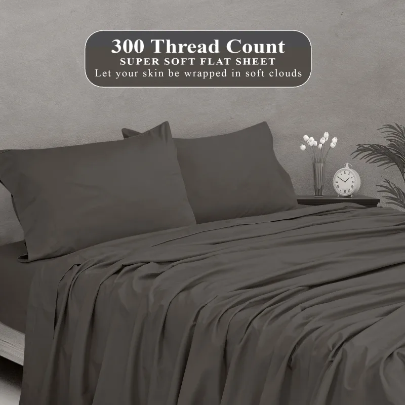 ROYALE LINENS 300 Thread Count 100% Long Staple Combed Cotton Flat Sheet - Super Soft - Top Sheet - Flat Sheet Sold Separately - Breathable, Cool & Crisp Percale Flat Sheet Only (Grey)