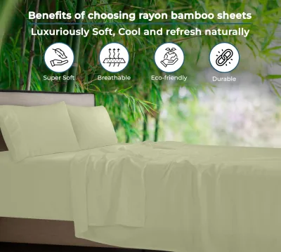 Royale Linen Bamboo Viscose Sheet Set - Cooling Bed Sheet Set - 1 Fitted 1 Flat & 2 Pillowcase - Fits Up to 16 - Organic Viscose Derived from Bamboo - Bedding Sheet &Pillowcase (SageGreen)