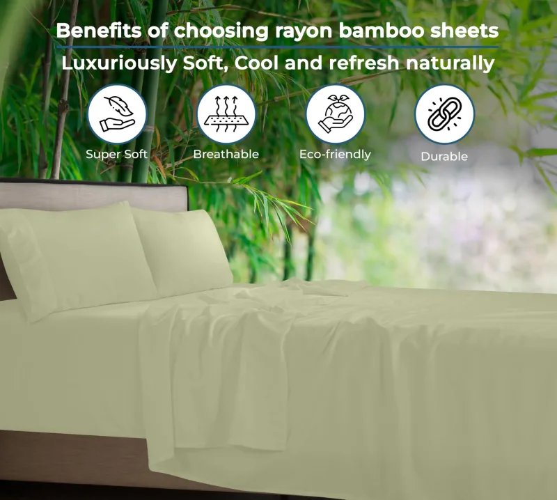 Royale Linen Bamboo Viscose Sheet Set - Cooling Bed Sheet Set - 1 Fitted 1 Flat & 2 Pillowcase - Fits Up to 16 - Organic Viscose Derived from Bamboo - Bedding Sheet &Pillowcase (SageGreen)