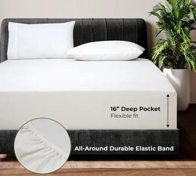 Royale Linen Bamboo Viscose Sheet Set - Cooling Bed Sheet Set - 1 Fitted, 1 Flat & 2 Pillowcase - Fits Up to 16" - Organic Viscose Derived from Bamboo - Bedding Sheet & Pillowcase (White)