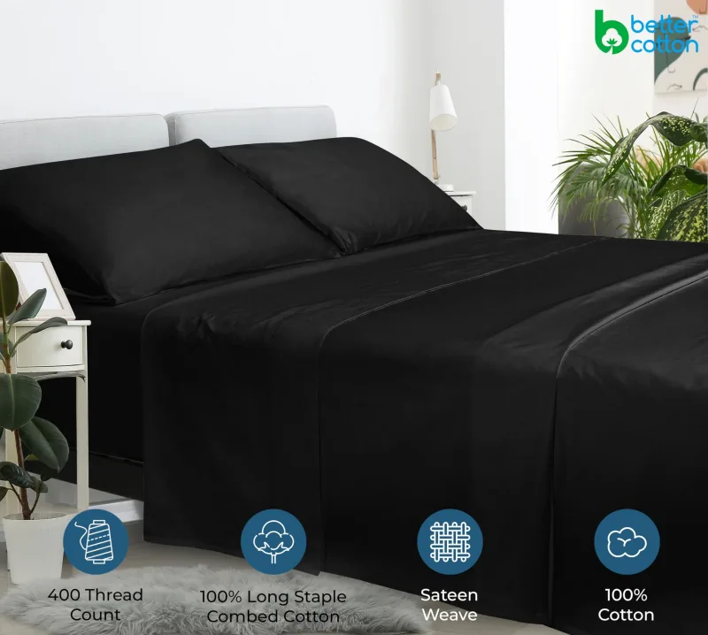 400 Thread Count 100% American Grown Cotton Flat Sheet - Cooling Sheets - Sheets - Luxury Sateen Weave - Flat Sheet Sold Separately - Soft Black Flat Sheet Only ( Night Black)