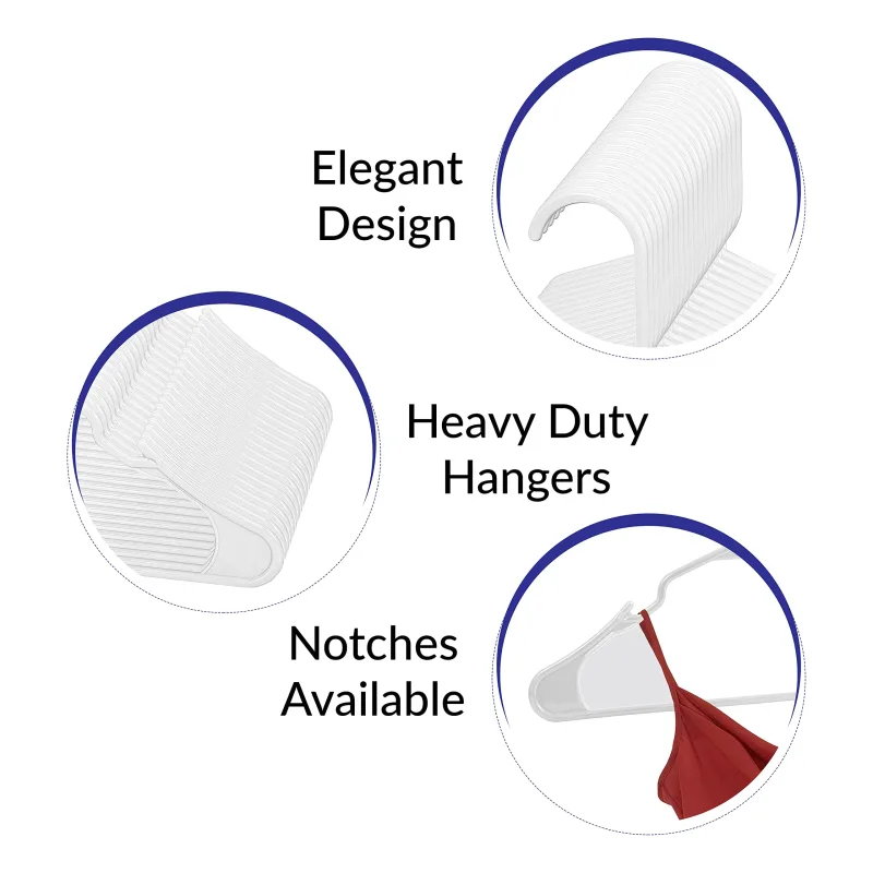ROYALE White Plastic Hangers For Clothes - Heavy Duty Plastic Clothes Hanger Ideal For Everyday Standard Use - Lightweight & Space Saving Notched Plastic Hangers - Slim & Sleek Shoulder Groove