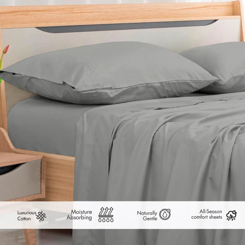 ROYALE LINENS 300 Thread Count 100% Long Staple Combed Cotton Flat Sheet - Super Soft - Top Sheet - Flat Sheet Sold Separately - Breathable, Cool & Crisp Percale Flat Sheet Only (Silver)