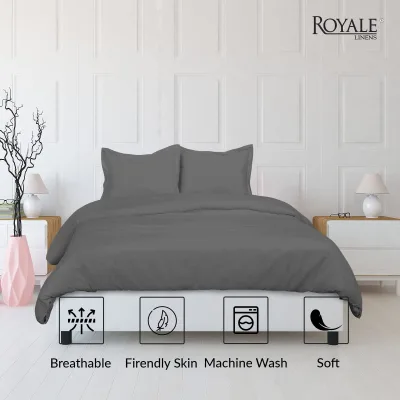ROYALE Grey Duvet Cover - Washed Duvet Cover Set, 3 Piece Double Brushed Duvet Covers with Button Closure - 1 Duvet Cover  and 2 Pillow Shams - Comforter Cover