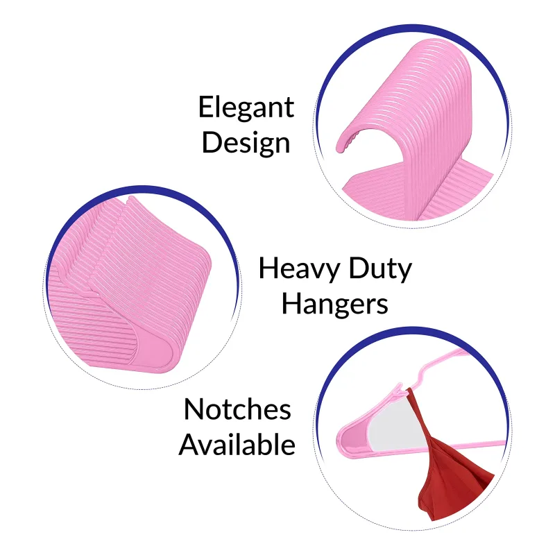 ROYALE Pink Plastic Hangers for Clothes - Heavy Duty Plastic Clothes Hanger Ideal for Everyday Standard Use - Lightweight & Space Saving Notched Plastic Hangers - Slim & Sleek Shoulder Groove