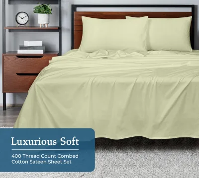Royale Linen 400 Thread Count 100% American Grown Cotton 4 Piece Sateen Sheet Set - 1 Fitted Sheet, 1 Flat Sheet, 2 Pillow case - Blue Light Bedsheet - Cotton Sheets - (Blue Light)