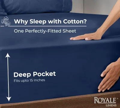 Royale Linens 100% Organic Cotton Percale Weave Super Soft Deep Pocket Bottom Sheets Elastic Sheet Fitted Sheets Only