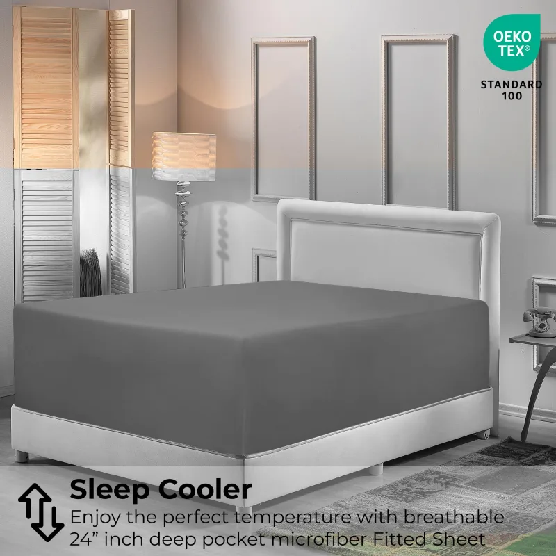 Drap-housse Royale Linens à très grandes poches uniquement - Drap-housse gris doux à grandes poches - Convient aux matelas épais de 18 à 24 pouces - Drap-housse uniquement - Drap élastique (gris)