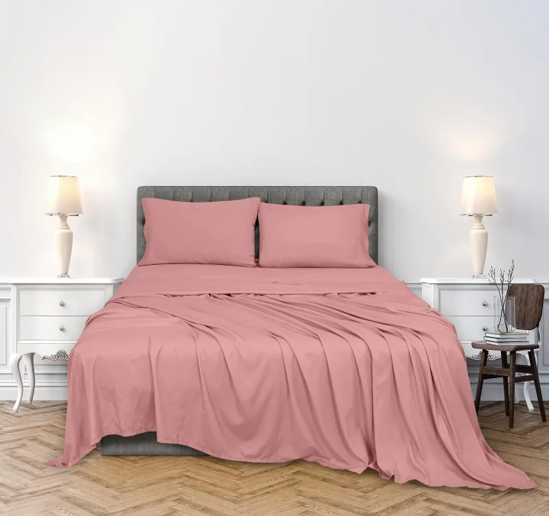 ROYALE LINENS 300 Thread Count 100% Long Staple Combed Cotton Sheet Set - 4 Piece Bed Sheet 1 Fitted Sheet, 1 Flat Sheet, 2 Pillow Case - Breathable, Cool & Crisp Percale Sheet Set ( Pink)