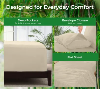 Royale Linens Bamboo Viscose Sheet Set - Cooling Bed Sheet Set - 1 Fitted, 1 Flat & 2 Pillowcase - Fits Up to 16" - Organic Viscose Derived from Bamboo - Bedding Sheet & Pillowcase (Sand)
