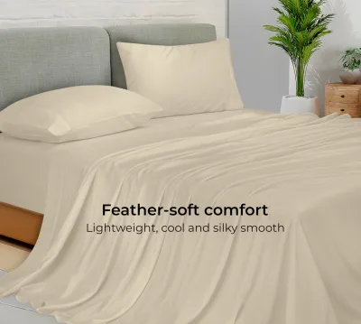 Royale Linens Bamboo Viscose Sheet Set - Cooling Bed Sheet Set - 1 Fitted, 1 Flat & 2 Pillowcase - Fits Up to 16" - Organic Viscose Derived from Bamboo - Bedding Sheet & Pillowcase (Sand)