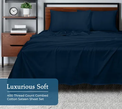 ROYALE LINENS Set Seprai Sateen 4 Bagian Katun 100% Tumbuh di Amerika 400 Thread Count - 1 Seprai Fitted, 1 Seprai Flat, 2 Sarung Bantal - Seprai Navy - Seprai Katun - (Rivera Navy)