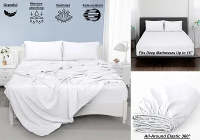 ROYALE LINENS 300 Thread Count 100% Long Staple Combed Cotton Sheet Set - 4 Piece Bed Sheet 1 Fitted Sheet, 1 Flat Sheet, 2 Pillow case - Breathable, Cool & Crisp Percale Sheet Set (White)