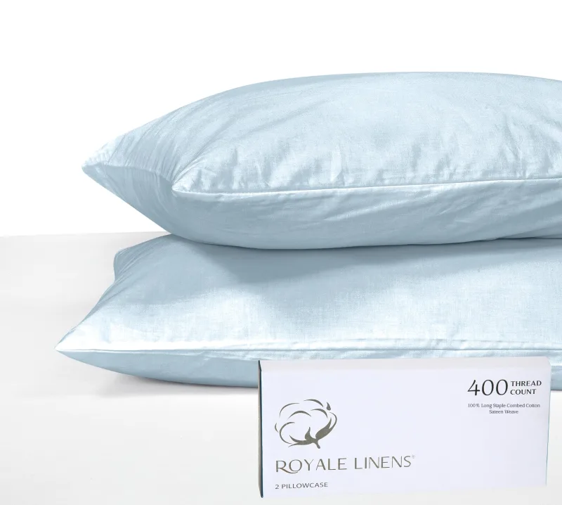 Royale Linens 400-trådede 100% amerikansk dyrket bomuld pudebetræk sæt - Luksuriøst satin pudebetræk - 20"x30" tommer - Blødt & glat sæt med 2 blå pudebetræk - (Caribbean Blue)