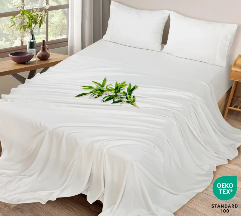 Royale Linen Bamboo Viscose Sheet Set - Cooling Bed Sheet Set - 1 Fitted, 1 Flat & 2 Pillowcase - Fits Up to 16" - Organic Viscose Derived from Bamboo - Bedding Sheet & Pillowcase (White)