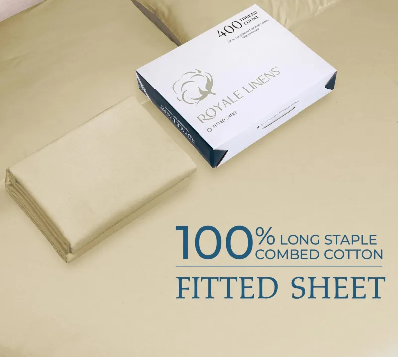 ROYALE LINENS 400 Thread Count 100% American Grown Cotton Fitted Sheet - All Around Elastic Fitted Sheet - Luxury Sateen Weave - Snug Fit Bottom Sheet Fit Up to 16" (Moroccan Sand)