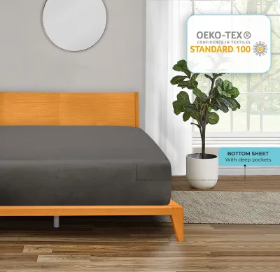 Royale Linens 300 trådar 100 % långfibrig kamgarnsbomull – underlakan med extra djupa fickor – grått underlakan – endast underlakan – elastiskt lakan (grå)