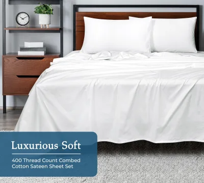 ROYALE LINENS 400 Thread Count 100% American Grown Cotton 4 Piece Sateen Sheet Set - 1 Fitted Sheet, 1 Flat Sheet, 2 Pillow case - White Bedsheet - Cotton Sheets - ( Signature White)