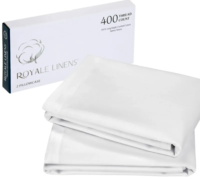 Royale Linens 400-trådet 100% amerikansk dyrket bomuld pudebetræk sæt - Luksuriøst sateen pudebetræk - 20"x30" tommer - Blødt & glat sæt med 2 hvide pudebetræk - (Signature White)