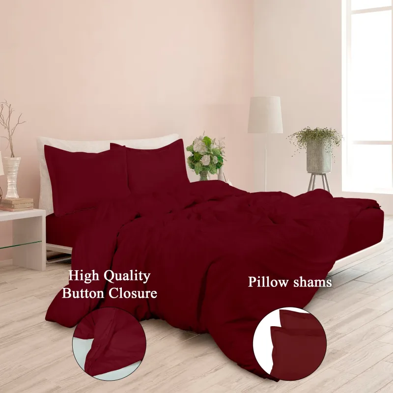ROYALE Burgundy Duvet Cover - Washed Duvet Cover Set, 3 Piece Double Brushed Duvet Covers with Button Closure - 1 Duvet Cover and 2 Pillow Shams - Comforter Cover