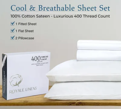 ROYALE LINENS 400 Thread Count 100% American Grown Cotton 4 Piece Sateen Sheet Set - 1 Fitted Sheet, 1 Flat Sheet, 2 Pillow case - White Bedsheet - Cotton Sheets - ( Signature White)