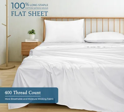 400 Thread Count 100% American Grown Cotton Flat Sheet - Cooling Sheets - Sheets - Luxury Sateen Weave - Flat Sheet Sold Separately - Soft White Flat Sheet Only ( Signature White)