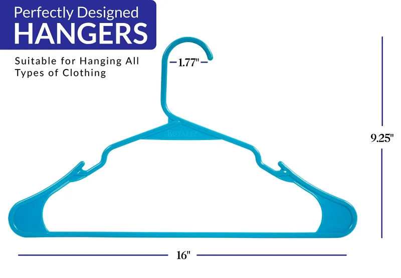 ROYALE Blue Plastic Hangers for Clothes - Heavy Duty Plastic Clothes Hanger Ideal for Everyday Standard Use - Lightweight & Space Saving Notched Plastic Hangers - Slim & Sleek Shoulder Groove