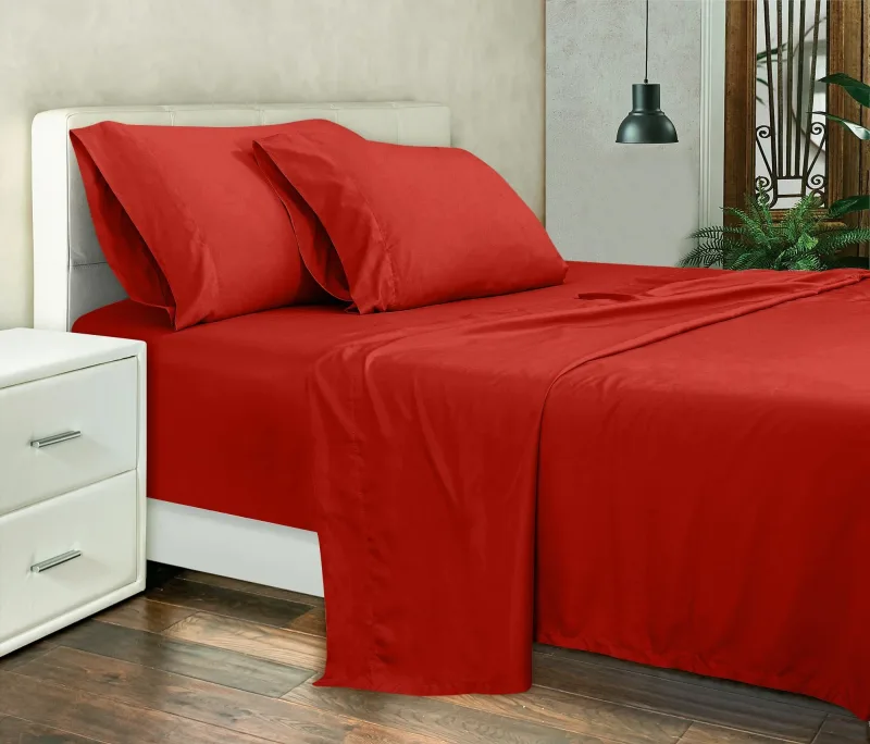 ROYALE LINEN 300 Thread Count 100% Long Staple Combed Cotton Sheet Set - 4 Piece Queen Bed Sheet 1 Fitted Sheet, 1 Flat Sheet, 2 Pillow Cases - Breathable, Cool & Crisp Percale Sheet Set (Queen, Red)