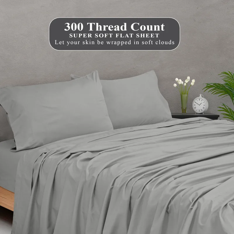 ROYALE LINENS 300 Thread Count 100% Long Staple Combed Cotton Flat Sheet - Super Soft - Top Sheet - Flat Sheet Sold Separately - Breathable, Cool & Crisp Percale Flat Sheet Only (Silver)